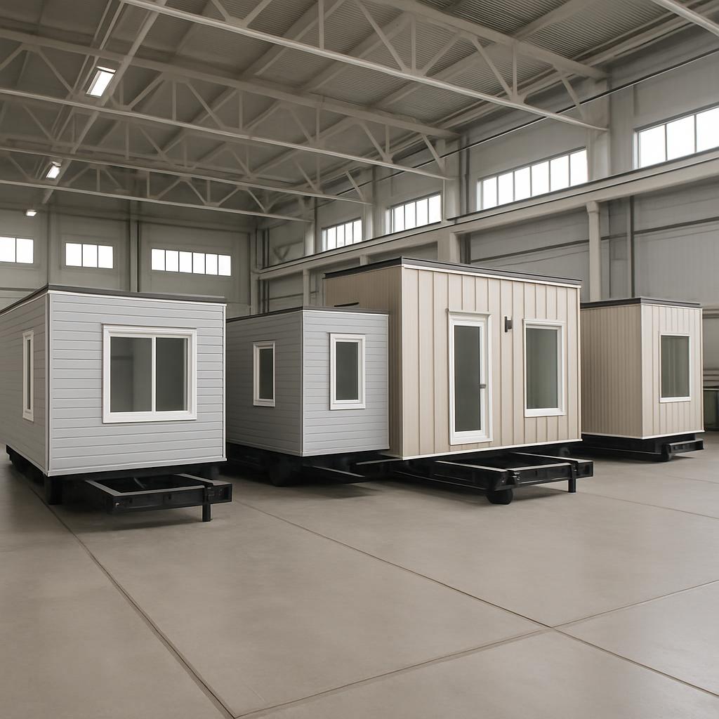 A group of small, square-shaped buildings with white siding and black bases sit in a concrete warehouse. Each building has...