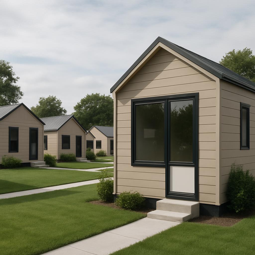 a row of small houses with green grass and trees under a cloudy sky