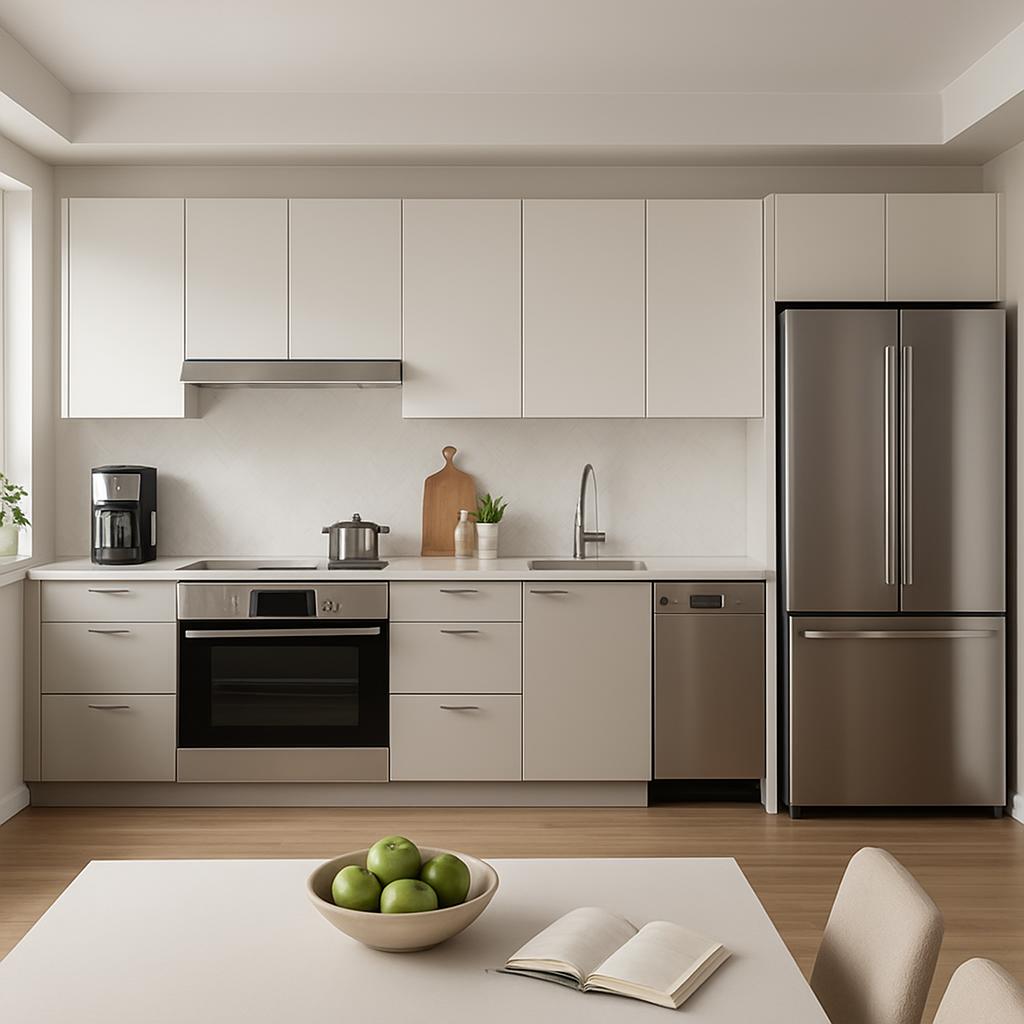 Modern kitchen with white cabinets, stainless steel appliances, and a bowl of apples on the table.